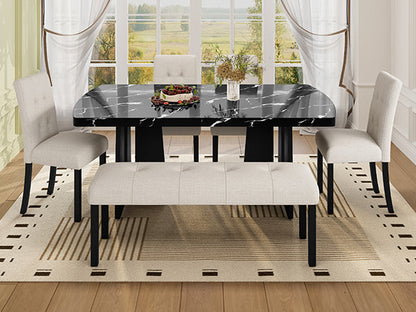 6 Piece Modern Dining Table Set, 63' Faux Marble Dining Table with Geometric