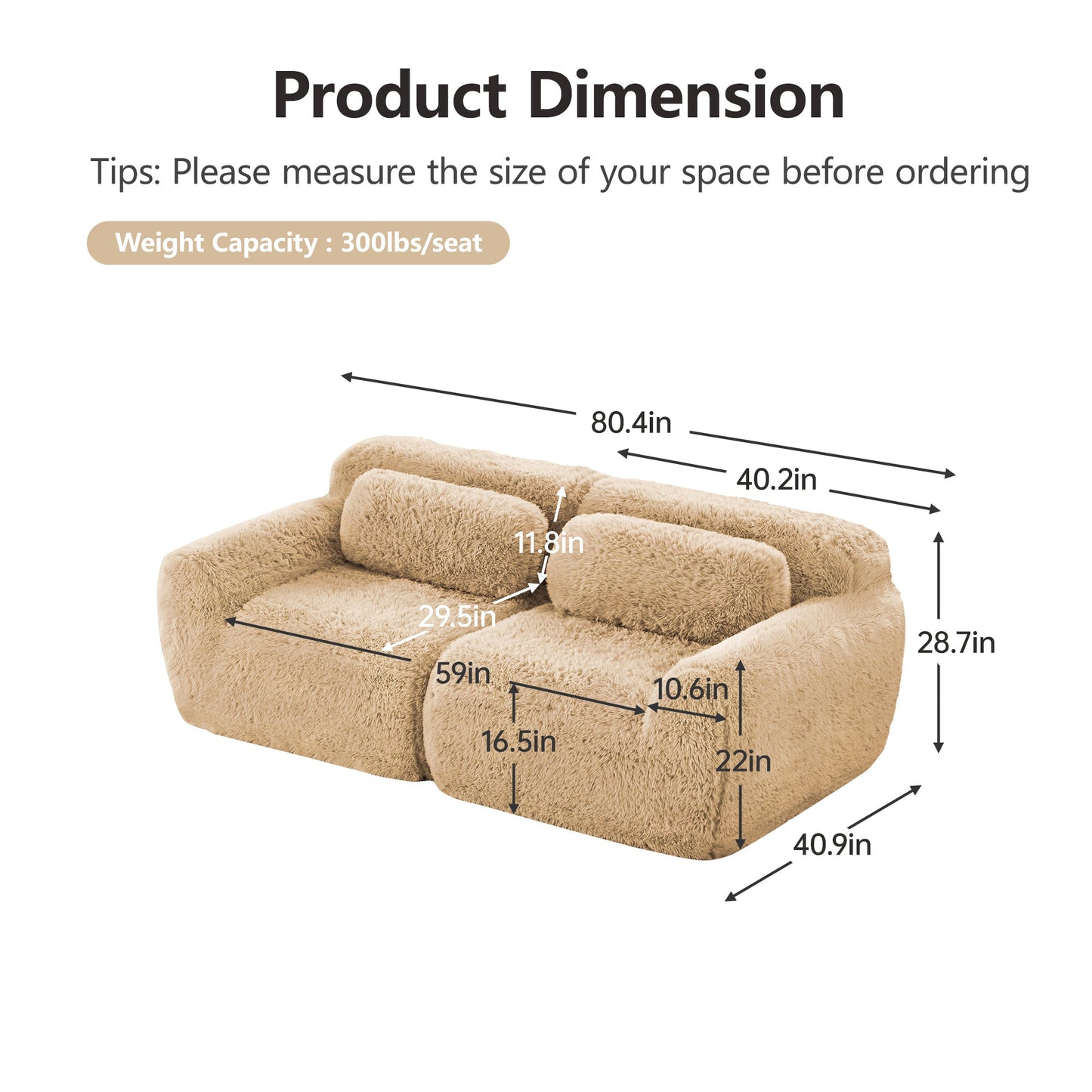 LoveSeat Modular Plush Light Khaki 2 Seat Non-Slip