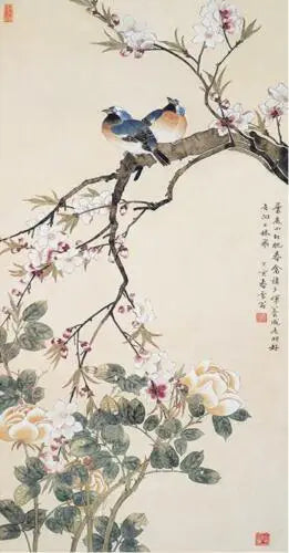 Chinese Silk Scroll Painting – Magpie & Plum Blossom Wall Hanging