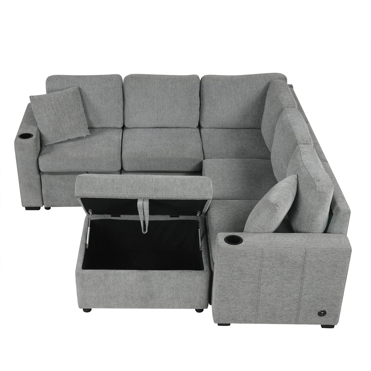 84" Sectional Sofa Convertible Pull-Out USB Gray