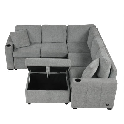 84" Sectional Sofa Convertible Pull-Out USB Gray