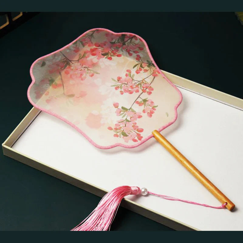 Chinese Silk Round Hand Fan with Floral Embroidery
