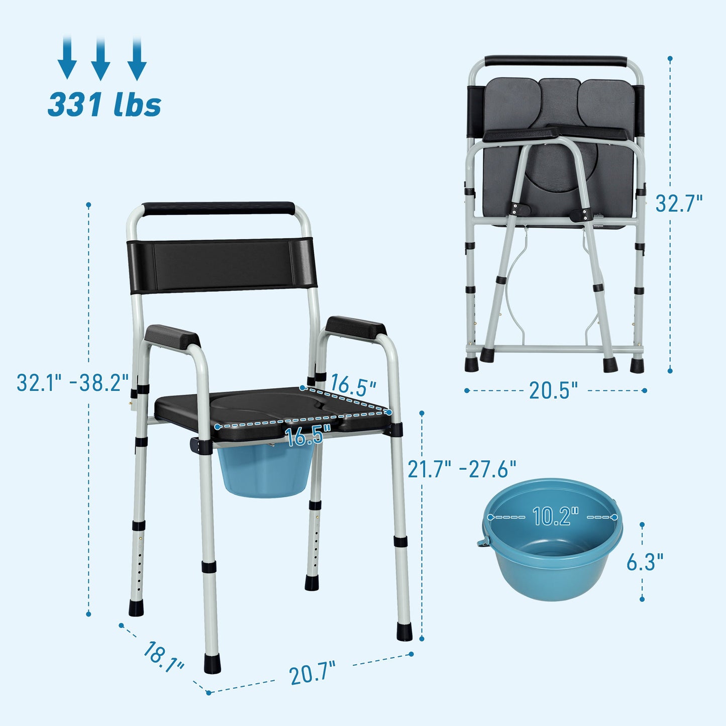 Commode Chair Adjustable 7-Level Steel Black 331 LB Foldable Removable Bucket