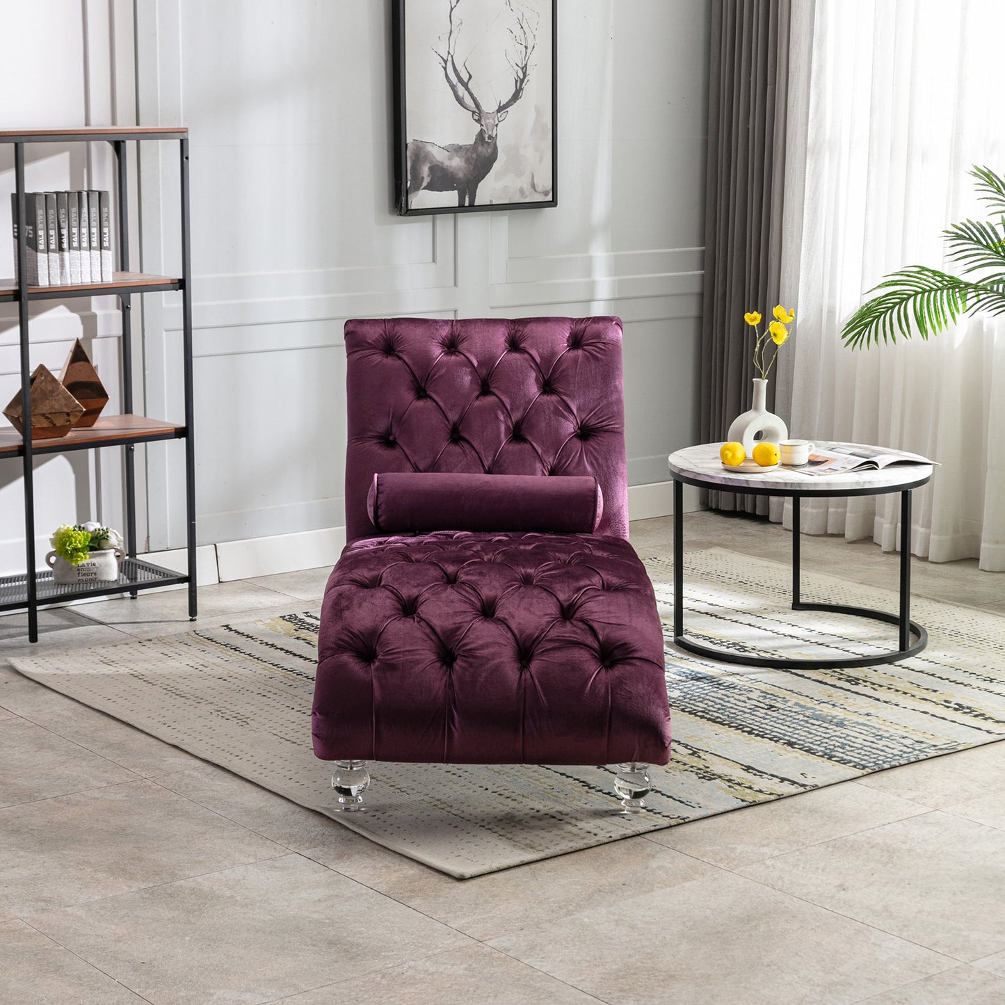 Velvet Chaise Lounge Indoor, Button-Tufted with Pillow, Purple, Bedroom