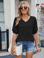 Eyelet V-Neck Puff Sleeve Casual Top