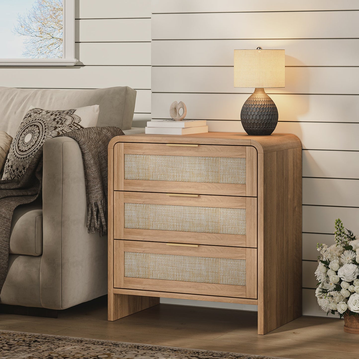Rattan Nightstand with 3 Drawers, 22.8 in Wide, Curved Wood, Caramel Oak