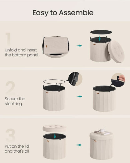Round Folding Storage Ottoman Cappuccino Beige Velvet