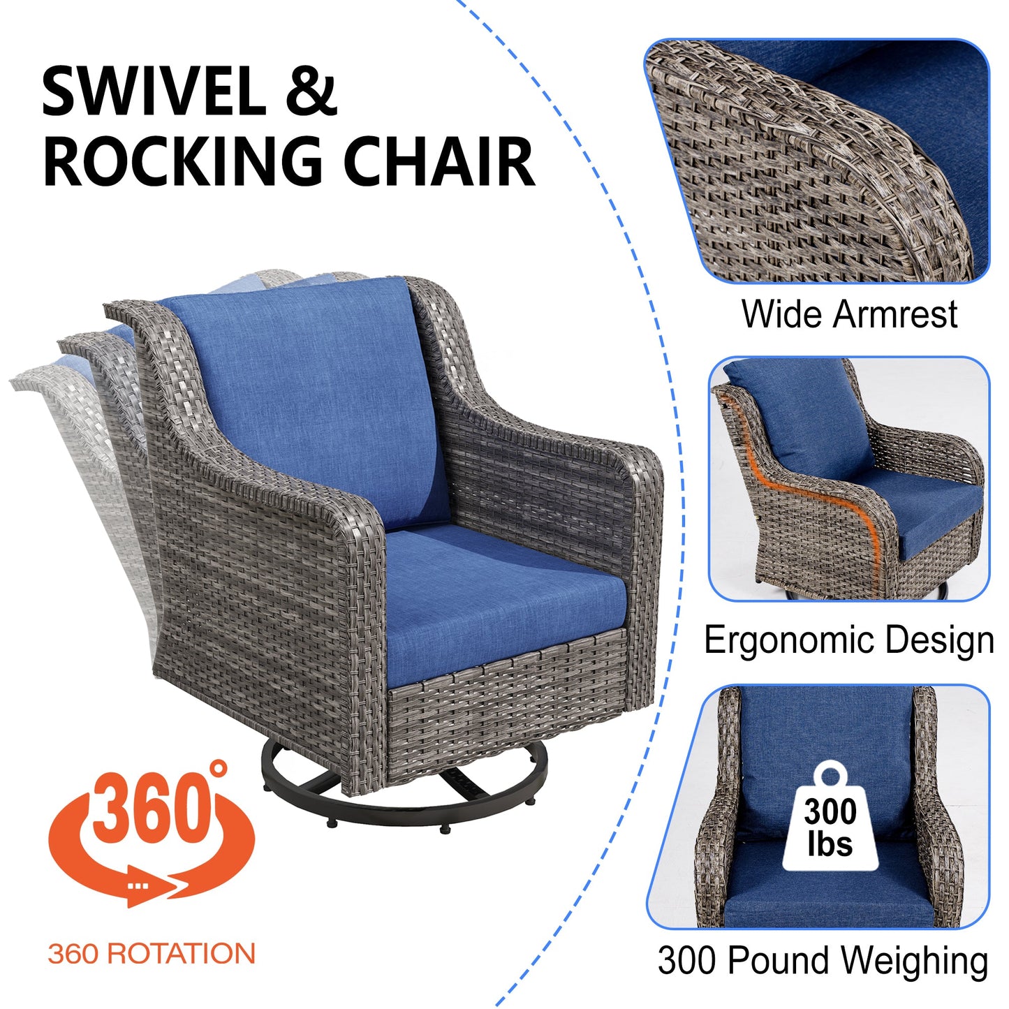 Outdoor Patio Swivel Chairs Set of 2 PE Rattan Gray