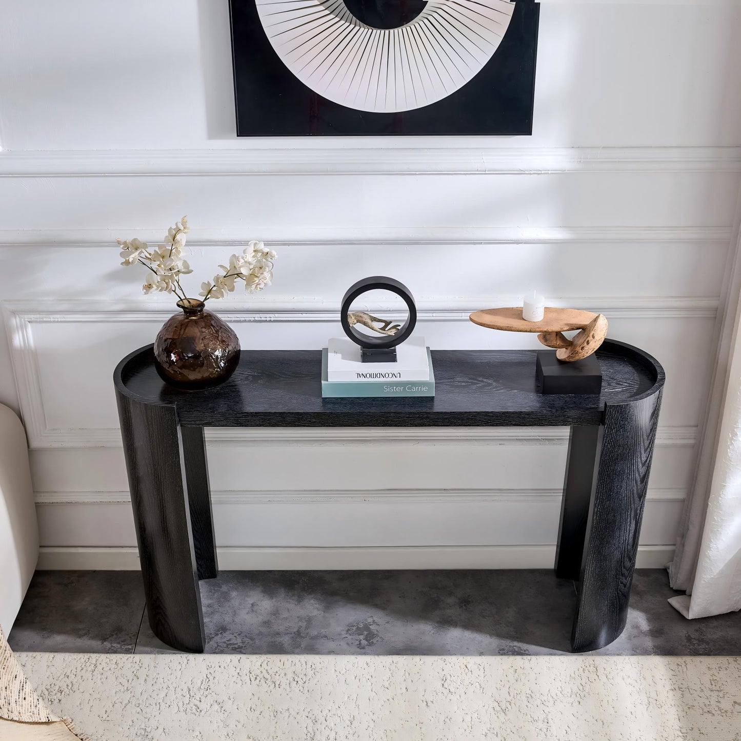 Black Curved Foyer Table, Wood Grain Minimalist Entrance Side Table