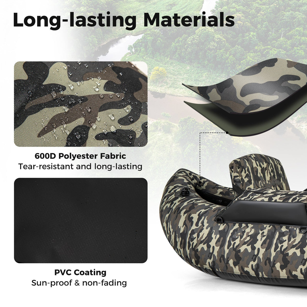 350 LBS Inflatable Fishing Float Tube with Adjustable Backrest and Backpack Straps-Camouflage