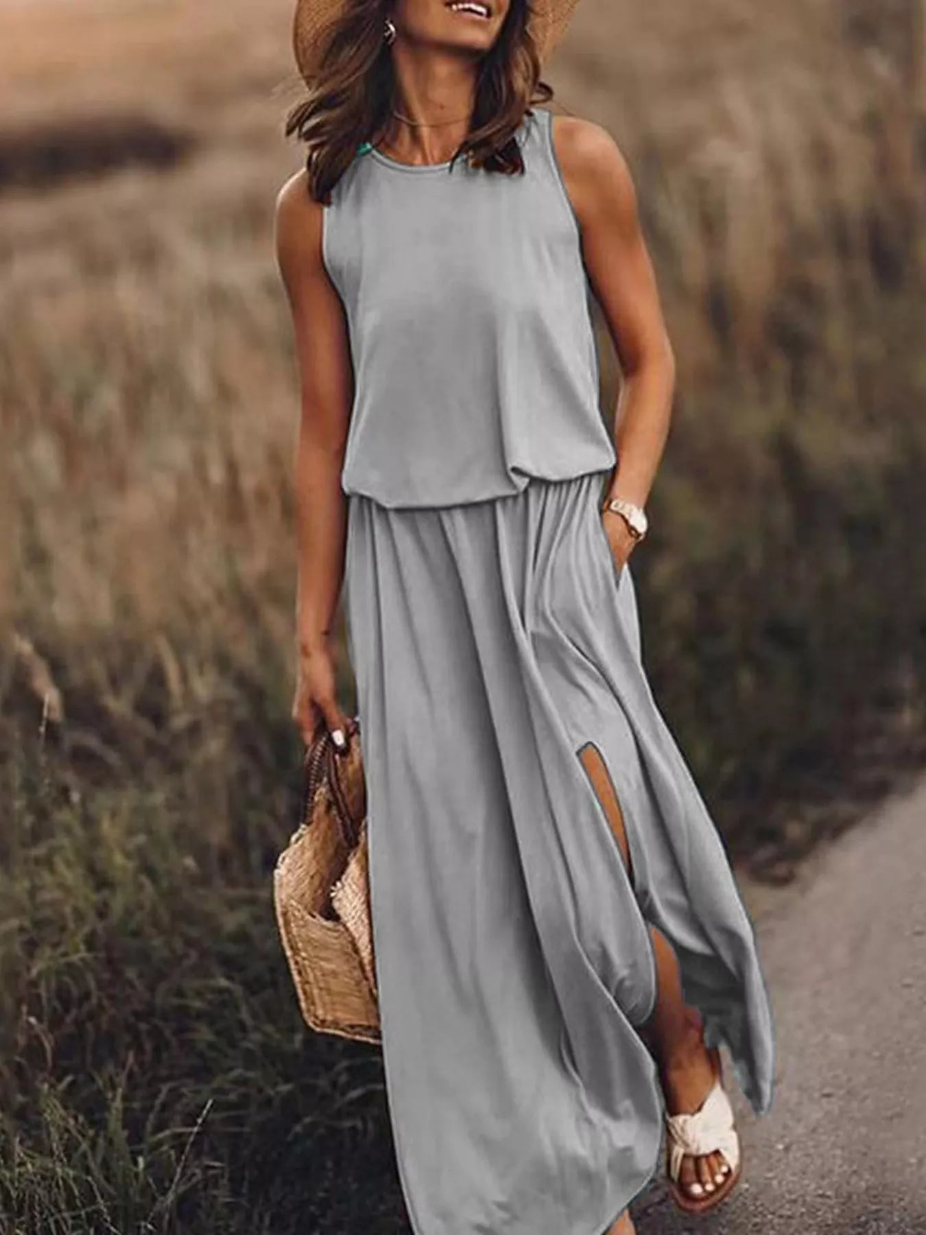 Full Size Round Neck Sleeveless Slit Maxi Dress Plus Size