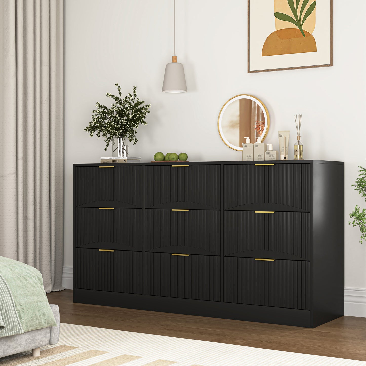 Dresser Classic 9-Drawer Black Particle Board Gold Handles 63x15.74 In