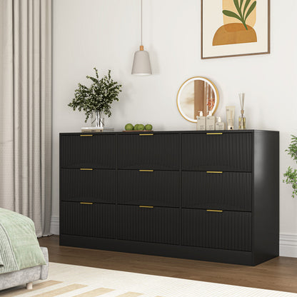 Dresser Classic 9-Drawer Black Particle Board Gold Handles 63x15.74 In
