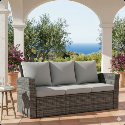 Outdoor Sofa PE Rattan 3 Seat Gray Cushions Black Iron Frame 68in