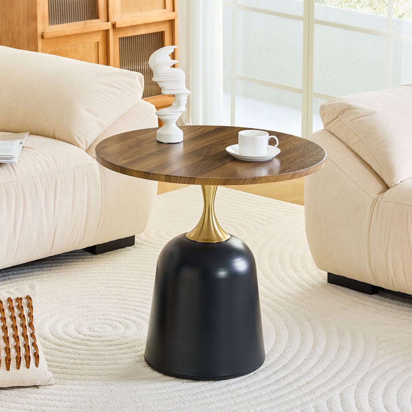 23.6 in Round Side Table, Metal Base, Walnut Wood Grain, Living Room Office