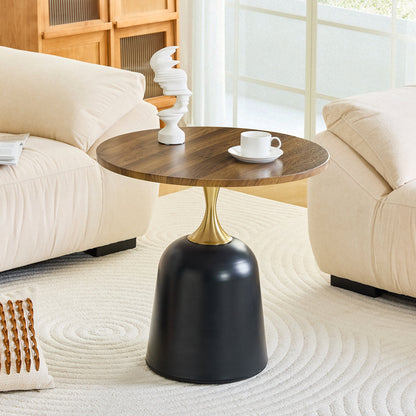 23.6 in Round Side Table, Metal Base, Walnut Wood Grain, Living Room Office