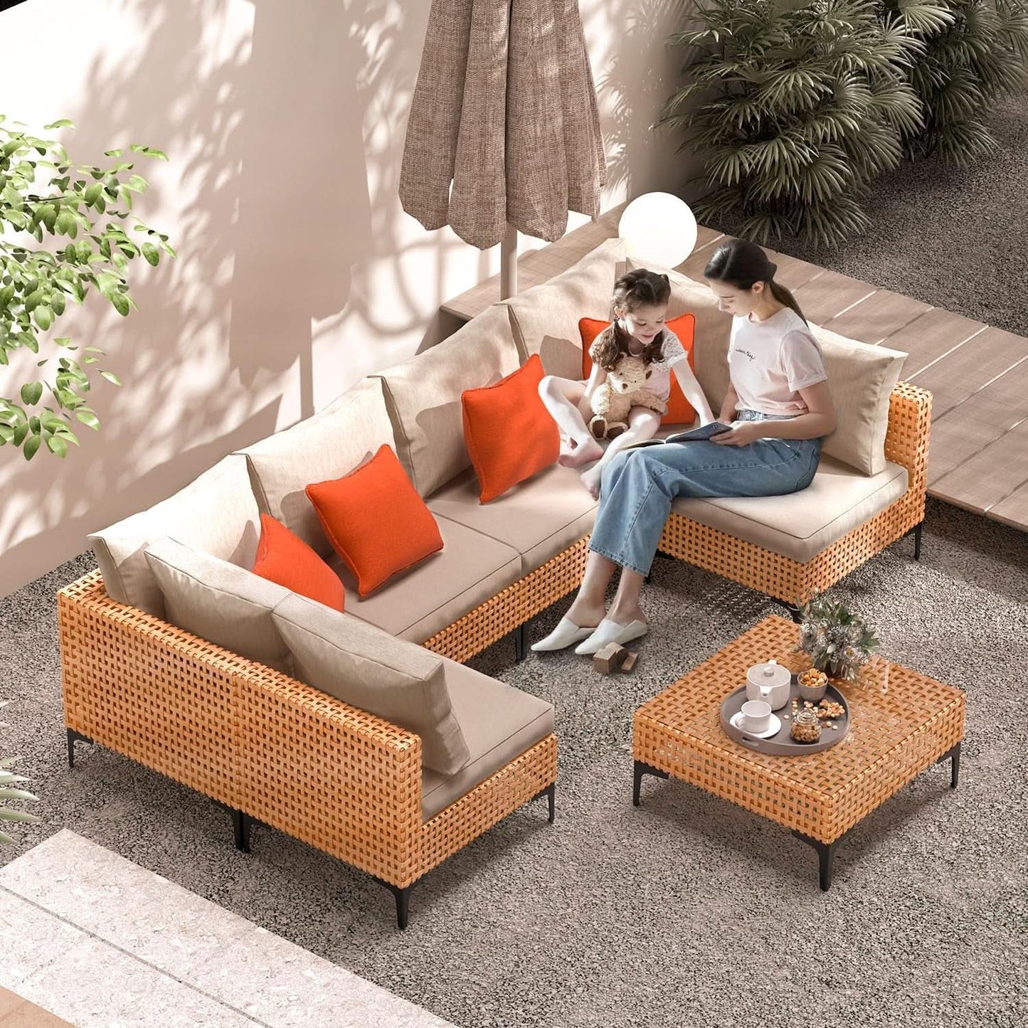 5 Piece Outdoor Patio Set Sectional Sofa Salmon Orange