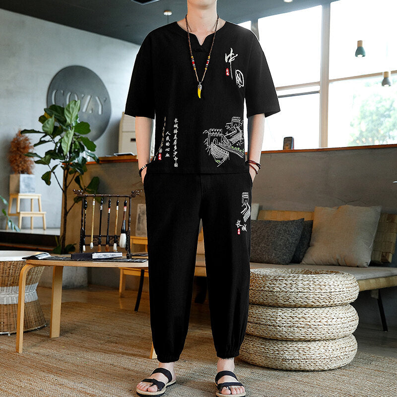 Chinese-style Mens Embroidered Cotton-linen Retro Loose-fit
