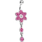 Pink CZ Flower Drop Belly Ring
