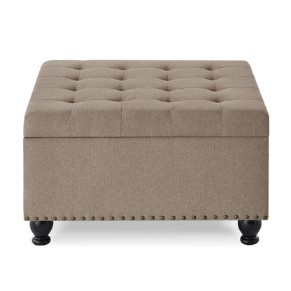 Large Square Storage Ottoman Button Tufted Wooden Legs Linen, 30x30x18