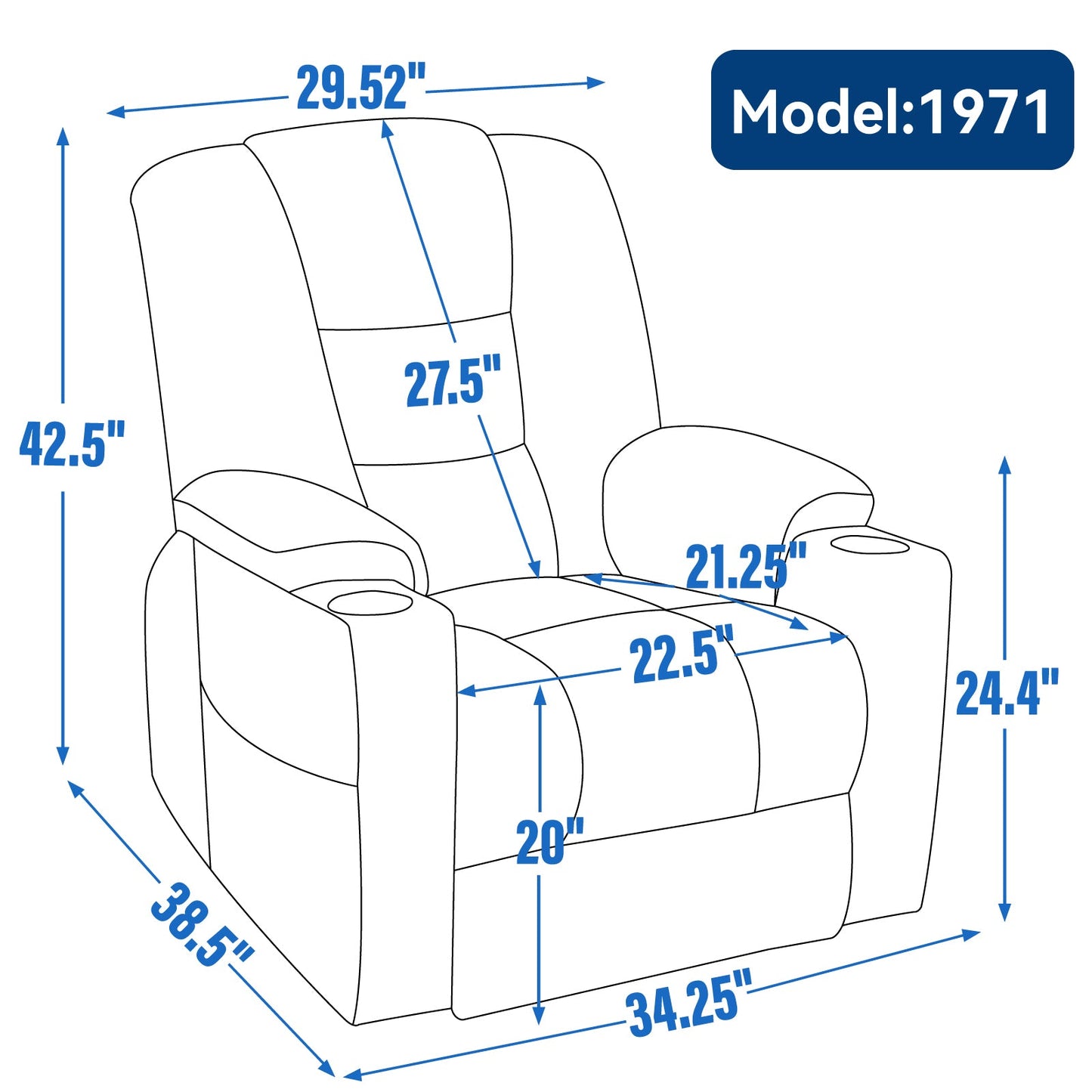Lift Recliner Chair Power Chenille Blue Heat Massage USB Cup Holders 350 LB