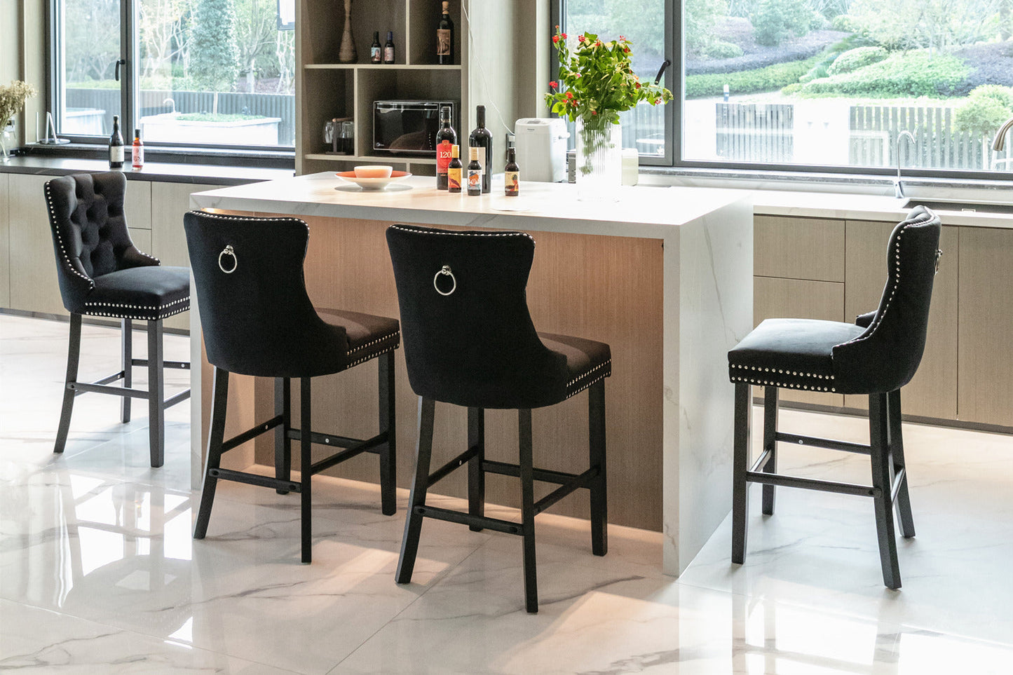 Contemporary Velvet Upholstered Barstools Button Tufted with Wood Legs, Set of 2, Black