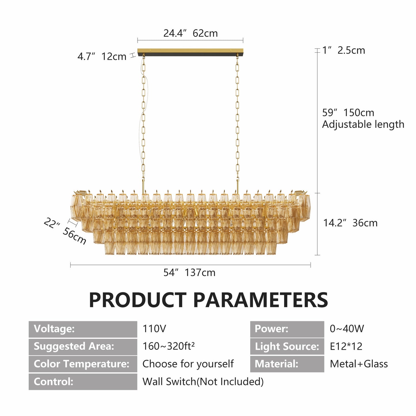 Chandelier Rectangle Gold 12-Light Smoke Glass Modern Living Room 54 In