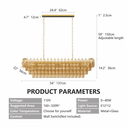 Chandelier Rectangle Gold 12-Light Smoke Glass Modern Living Room 54 In
