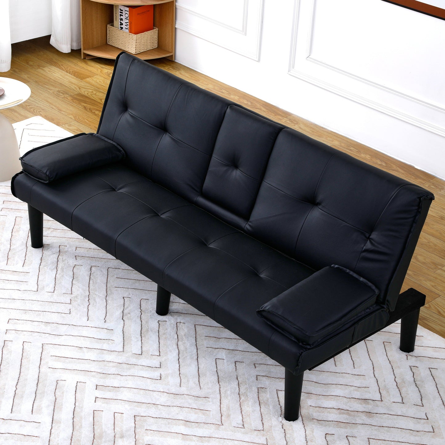 67-inch Black PVC Multi-Functional Sofa Bed with Foldable Design and Cup Holder