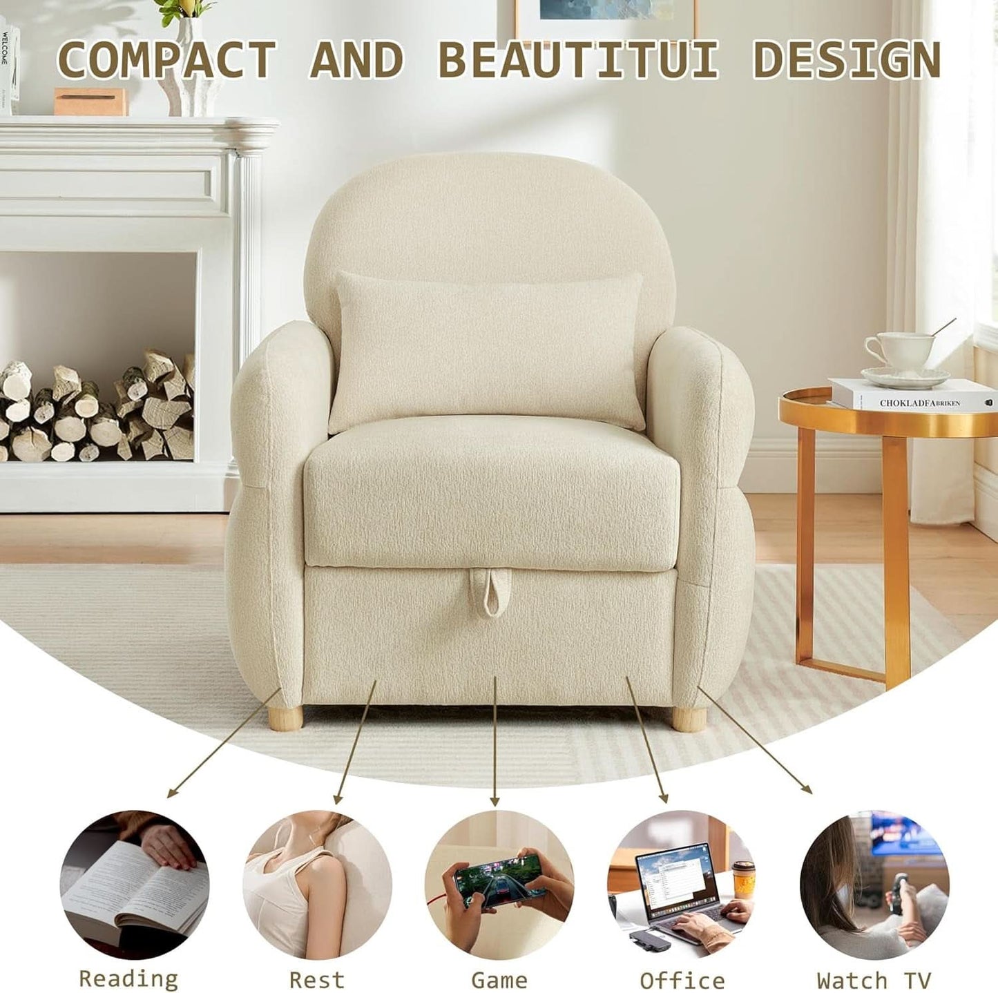 Beige Contemporary Accent Chair With Generous Storage