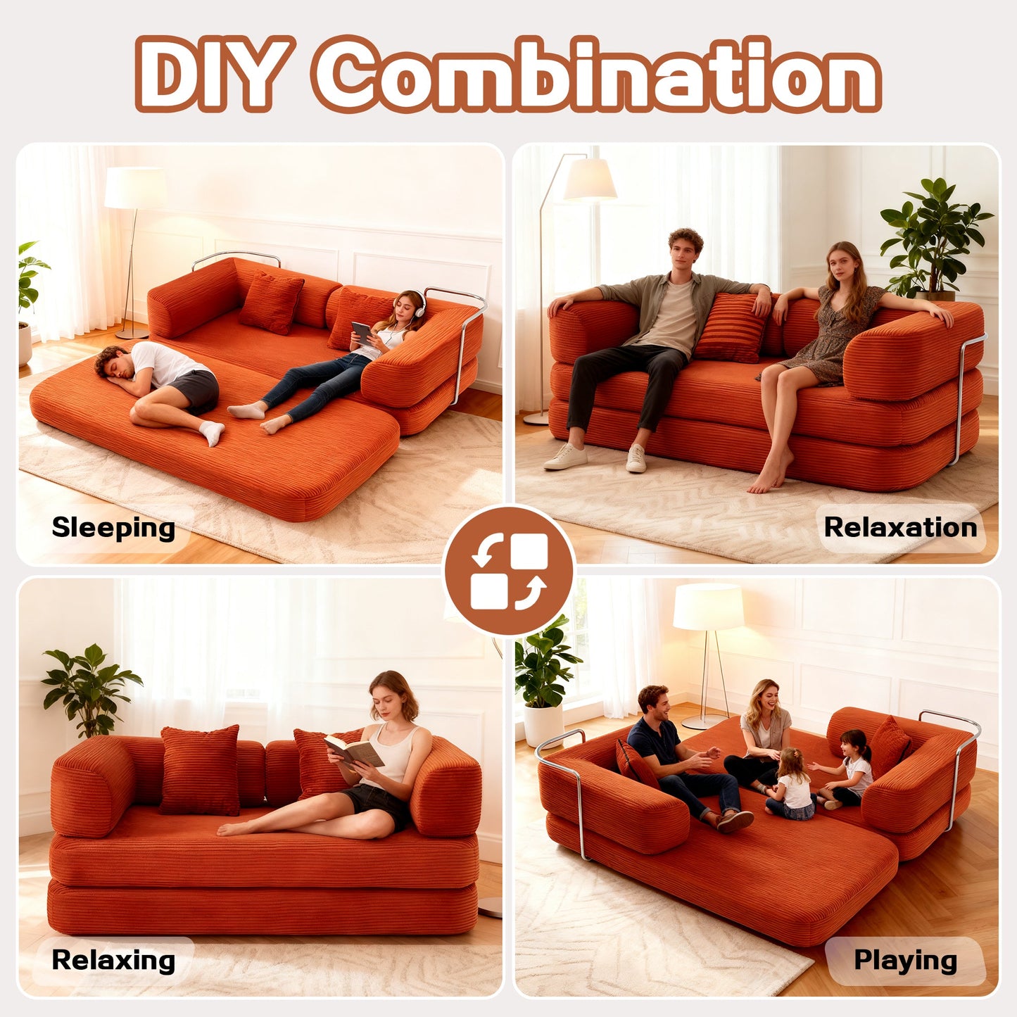 Sofa Bed Convertible 5-in-1 Corduroy Red Floor Steel Frame 74.8 In