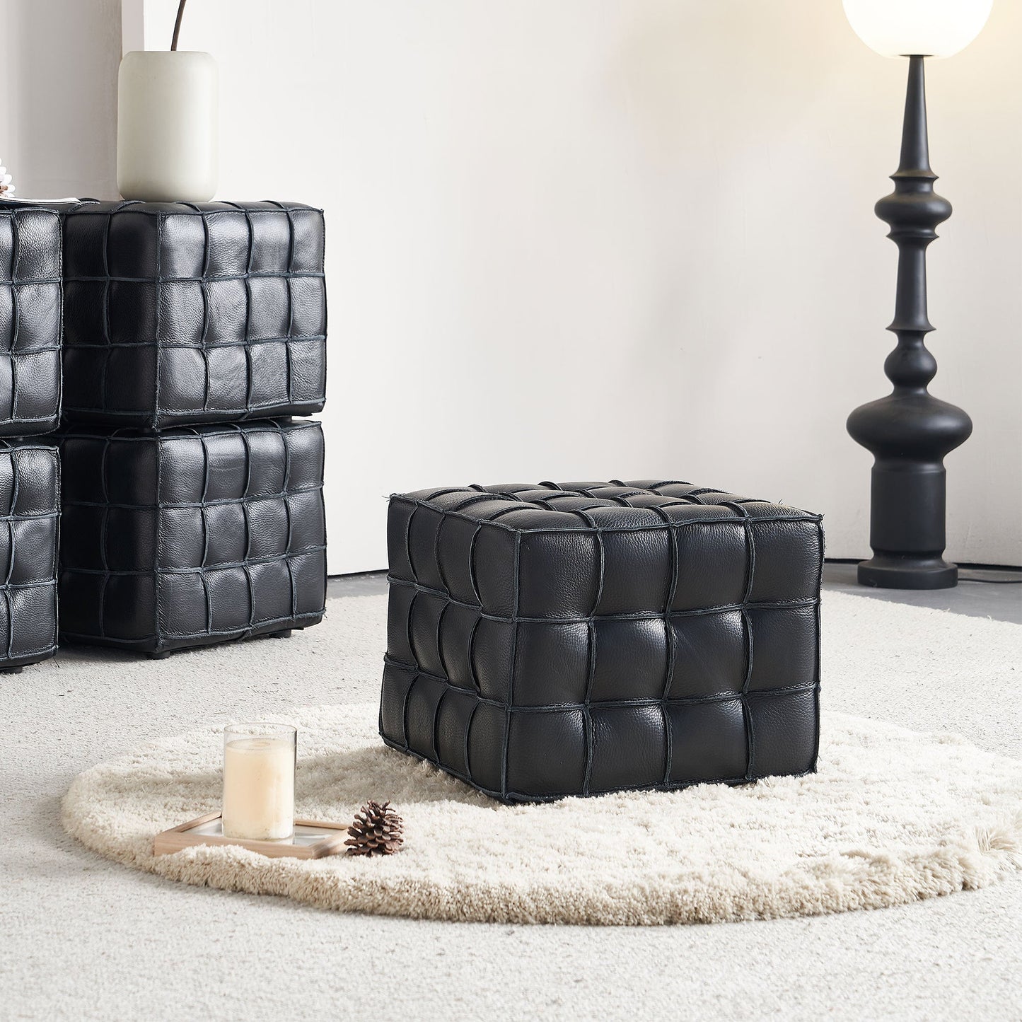 17.32'' Quality Leather Tufted Ottoman Footstool for Living Room, Black