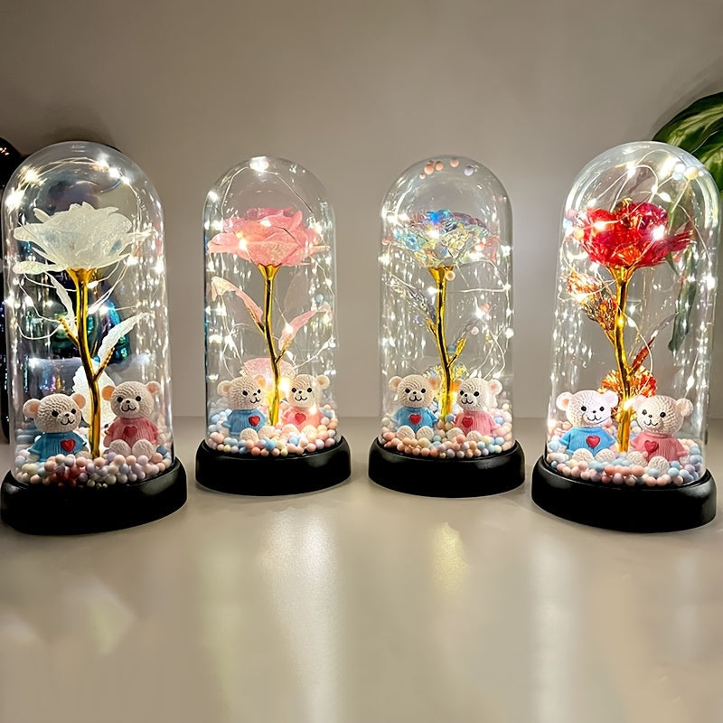 1pc Glow-in-the-Dark Rose Flower Decoration with LED-like Glow - Elegant Tabletop Centerpiece in Clear Dome, Battery-Powered (AAA Not Included) - Perfect Gift for Valentine's, Mother'S Day, Weddings, Birthdays, Christmas - Wo