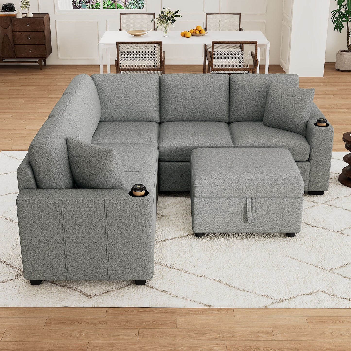 84" Sectional Sofa Convertible Pull-Out USB Gray