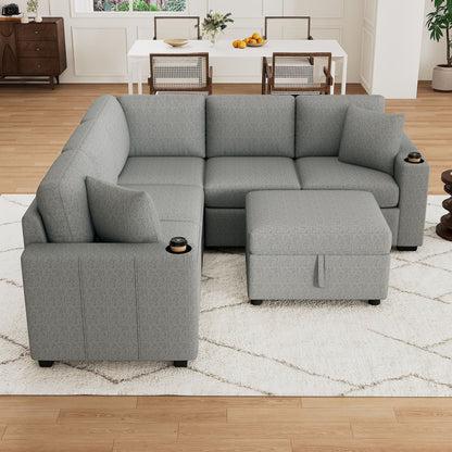 84" Sectional Sofa Convertible Pull-Out USB Gray