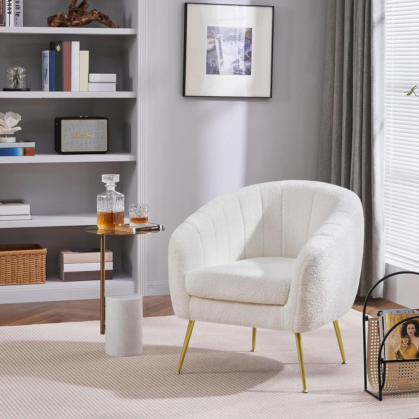 Ivory Boucle Upholstered Accent Chair Removable Cushion