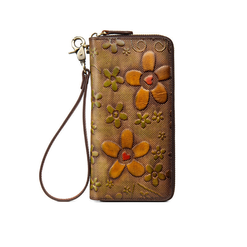 Long Vintage Handcrafted Distressed Zipper Purse Top-Grain Leather Wallet
