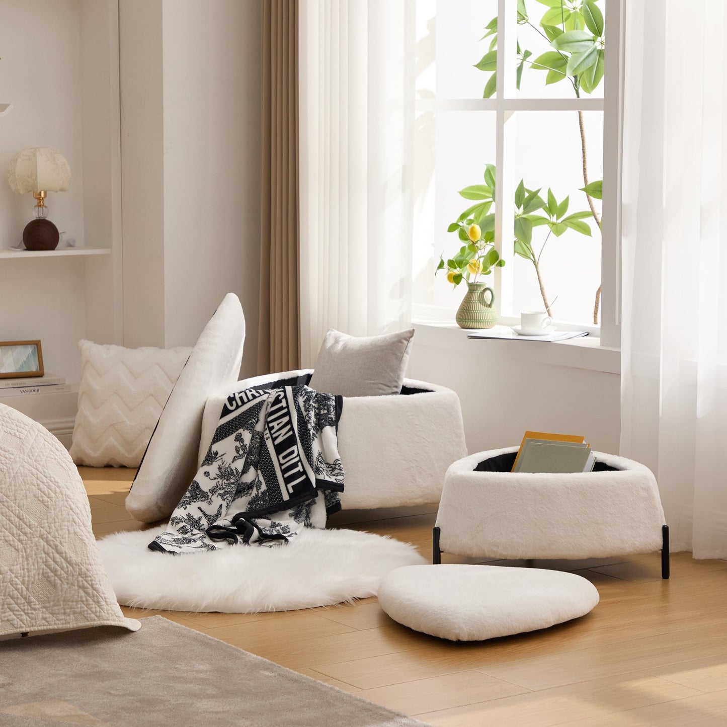 Ivory Faux Fur Upholstered Storage Ottoman Set with Metal Legs