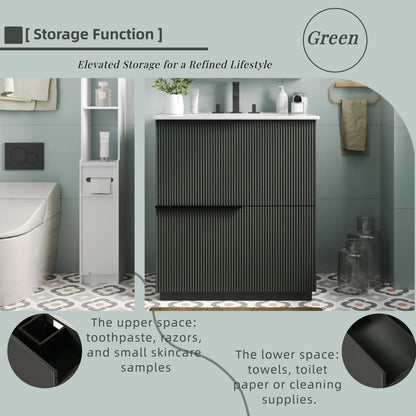 Green Fluted Bathroom Vanity with Ceramic Sink, 30' Full-Extension Drawers, S...
