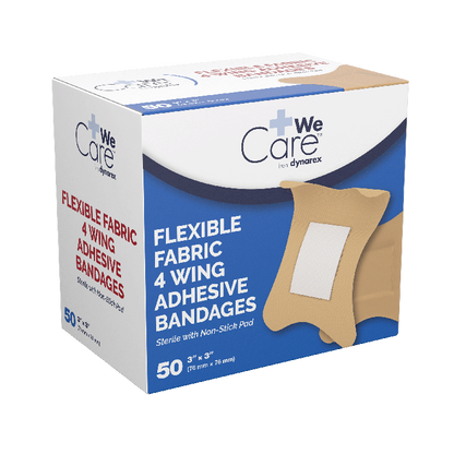 Dynarex Adhesive Fabric Bandages Four Wing  Sterile, 3" x 3" - 24ea/bx, 50bxs/cs (1200 Count)