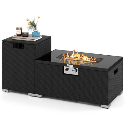 2-Piece Outdoor Rattan Fire Table Set 32 Inch Rectangle Gas Firepit with Tank Cover