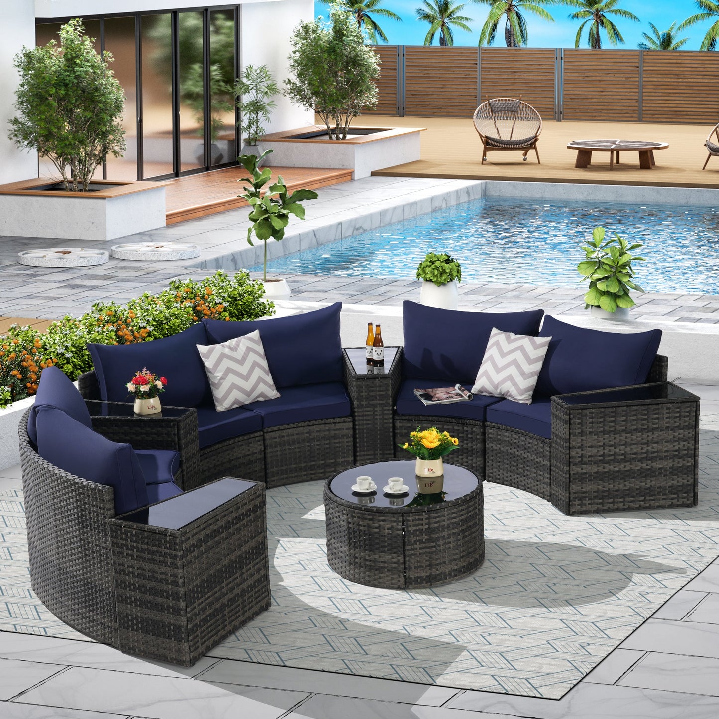 Outdoor Sectional Set PE Rattan Dark Blue Half Moon 11 Piece