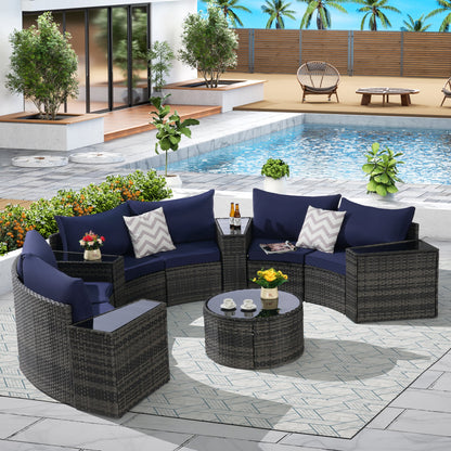 Outdoor Sectional Set PE Rattan Dark Blue Half Moon 11 Piece