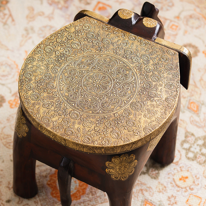 The Majestic Elephant: Handcrafted Wood & Brass Stool