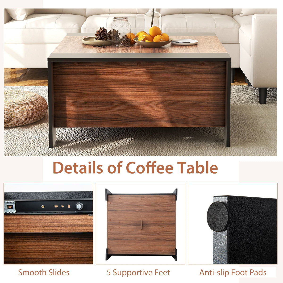 36.5 Inch Coffee Table with Sliding Top and Hidden Compartment