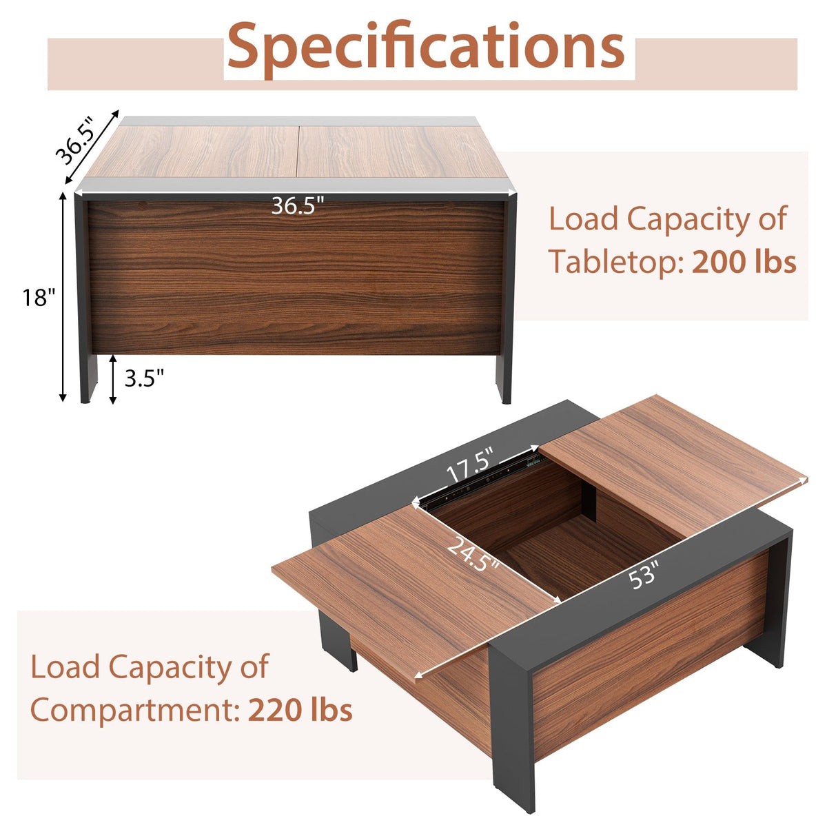36.5 Inch Coffee Table with Sliding Top and Hidden Compartment
