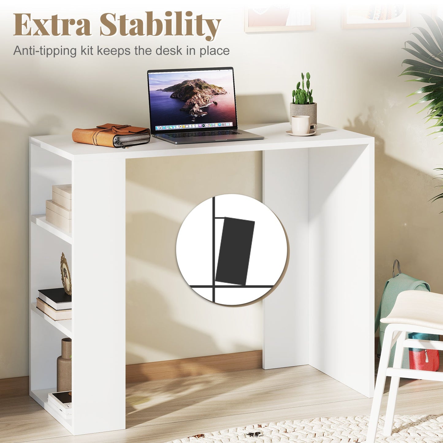 36 Inch White Computer Desk with 3 Open Shelves for Home Office Study-White
