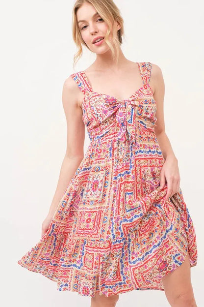 And The Why Tied Front Smocked Back Tiered Boho Printed Dress
