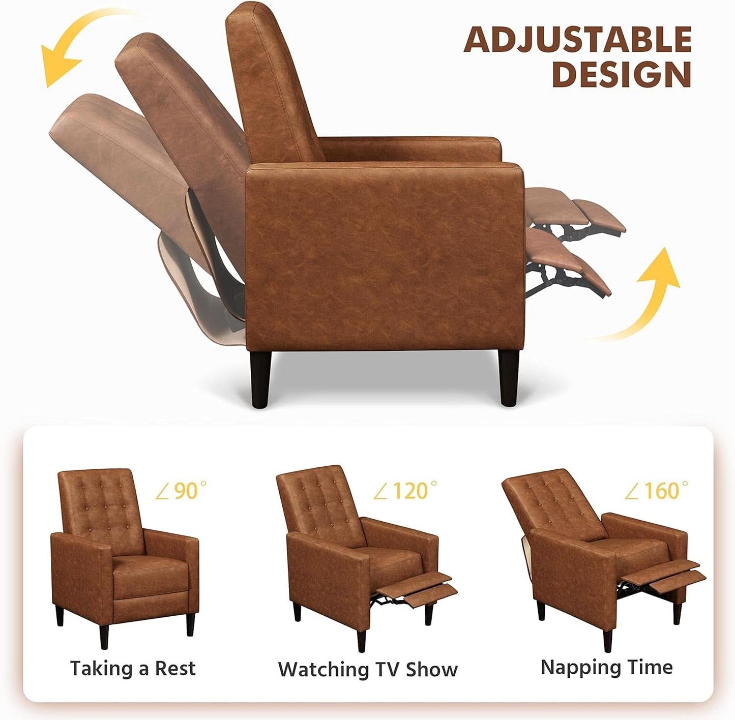 Brown Faux Leather Recliner Sofa Adjustable Back Footrest