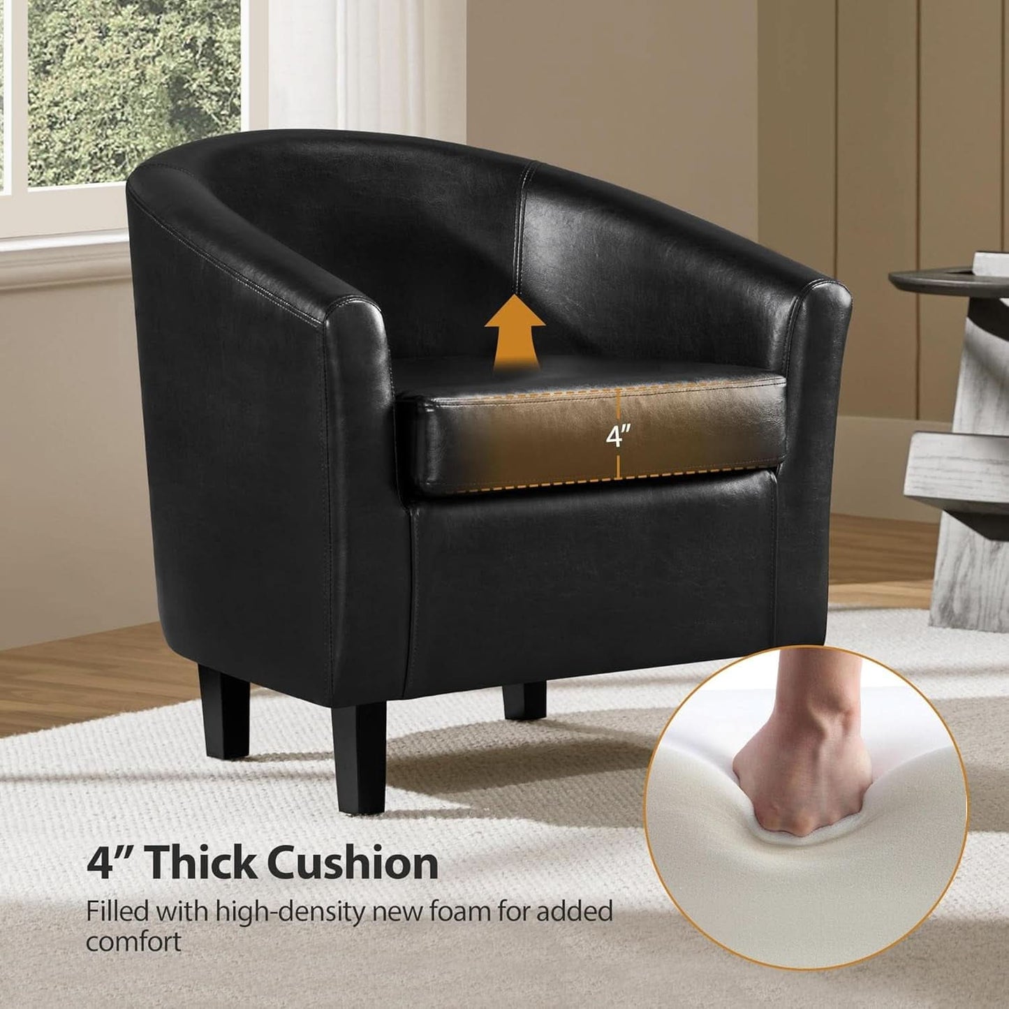 Black Synthetic Leather Barrel Armchairs With Cushions
